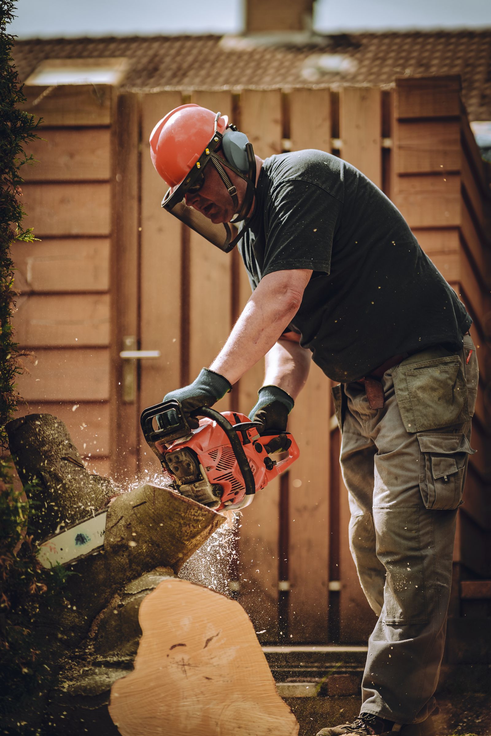 Tree care professional cutting a trunk with protective equipment
